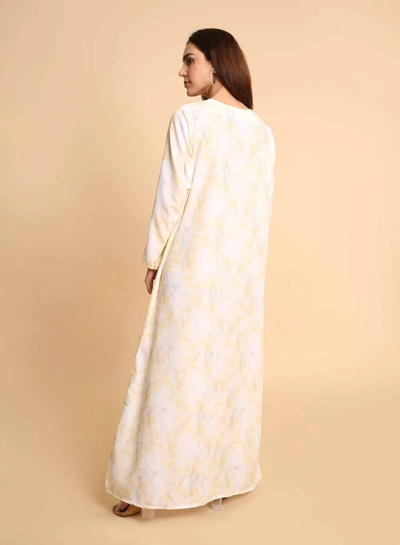 HANA & SARA Modern Marble-Effect Arabic Jalabiya in Soft White & Yellow